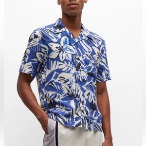 Palm Angels Men’s Blue & White Hibiscus Short Sleeve Button Bowling Top 46 (S)